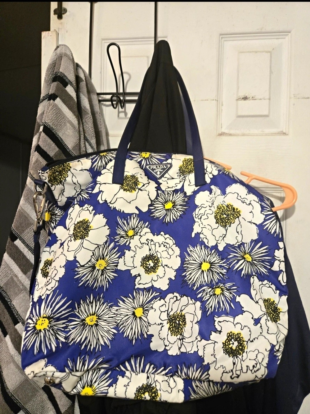 Prada Blue White Floral Tote with Yellow Accents